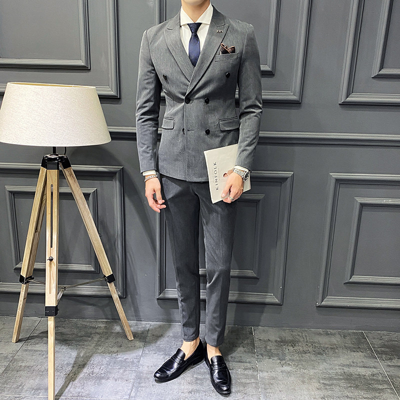 Spring Summer Grey Suit Men Suit Wedding Groom Gown Sashimi Business Positive Dress Double Platoon Buttoned West Suit Three Sets