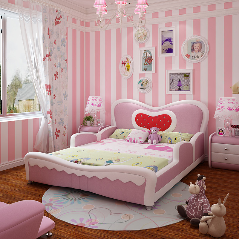 Children's bed Girl with fence Princess bed Small bed Single bed 1 2 meters cartoon leather bed Solid wood bed 1 5 meters