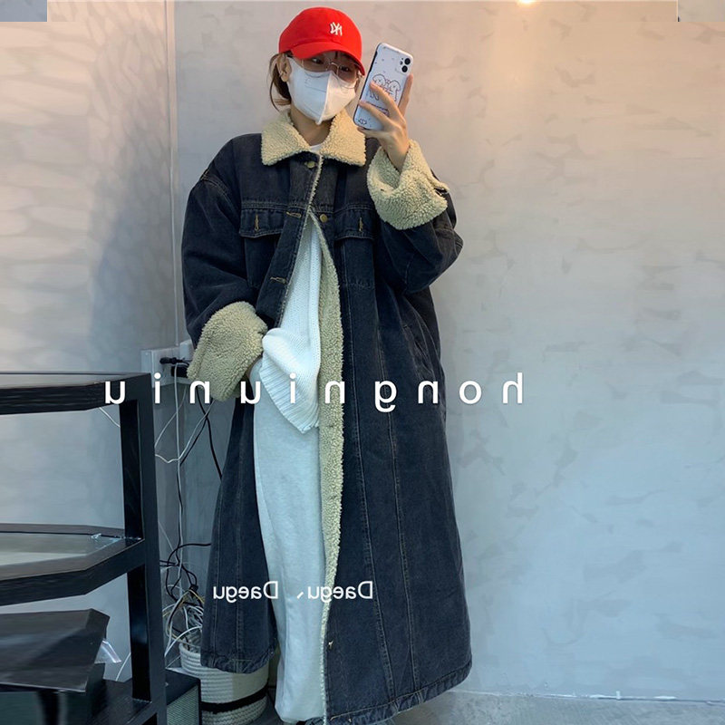 Winter lamb wool denim jacket women's mid-length temperament Korean version loose bf thin and thick warm fried street cotton clothes