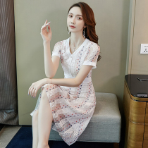 Printed lace dress 2021 spring new womens popular waist temperament medium-long bottom skirt