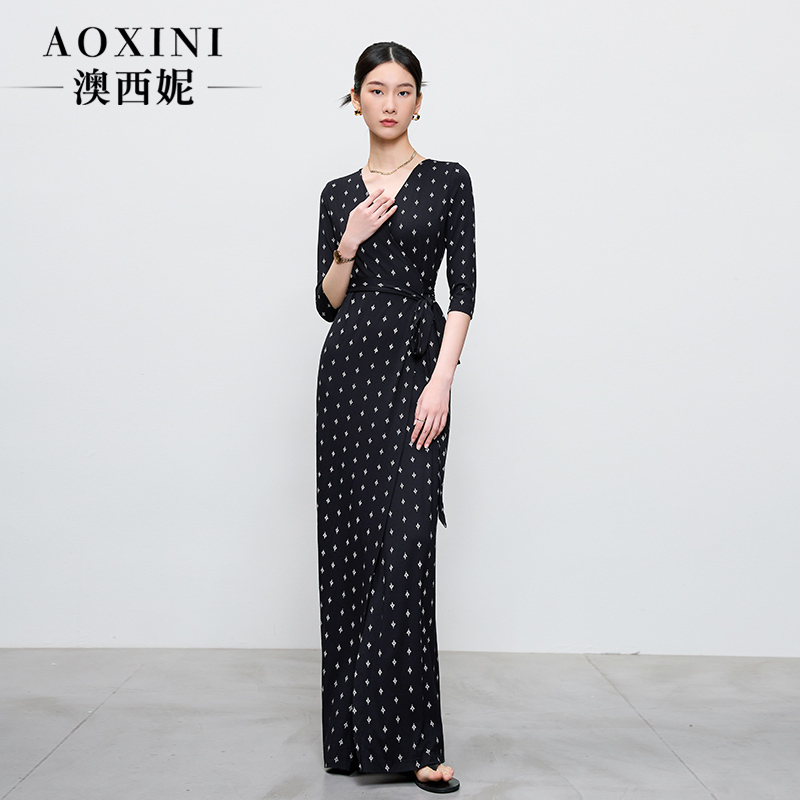 High-End Long Dress, Light Luxury, Simple Floral Ankle-Length Wrap Dress, One-Piece Lace-Up, Lazy Style, Ultra-Long Dress for Women in Summer