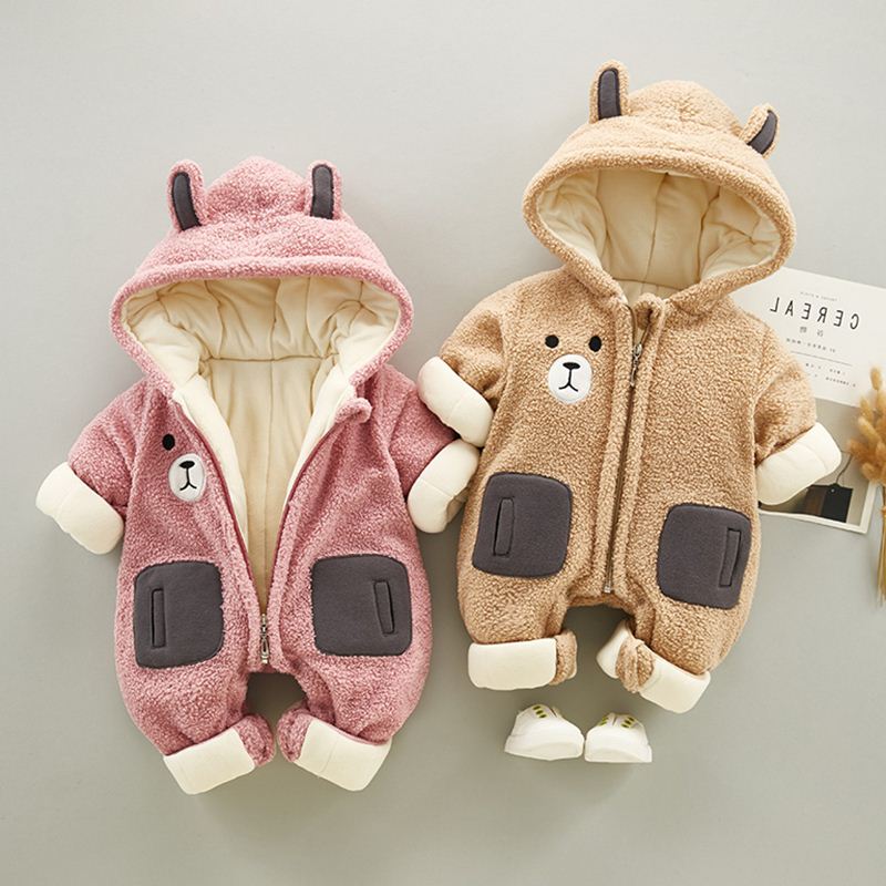 Korean baby flannel jumpsuit winter clothes baby clothes plus velvet thickened outerwear coral fleece men and women 0-1 years old