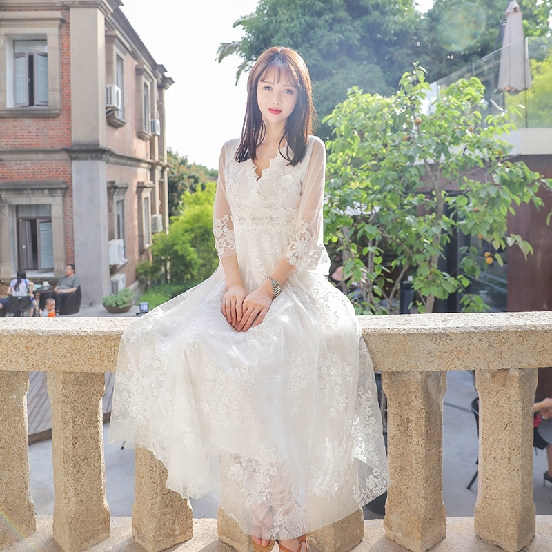 Hainan Sanya Travel Photography Dress, Ultra-Fairy White Mesh Bridesmaid Wedding Long Dress, Vacation Beach Dress with a Large Hem