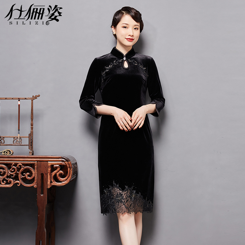 Demi-season velvet black cheongsam, 2020, with embroidery