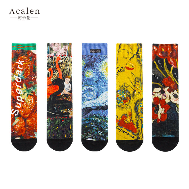 Zdyeing Printed Socks for men and women in the middle-of-the-box socks with a damp personality graffiti socks women's stockings The men's wave street European and American socks