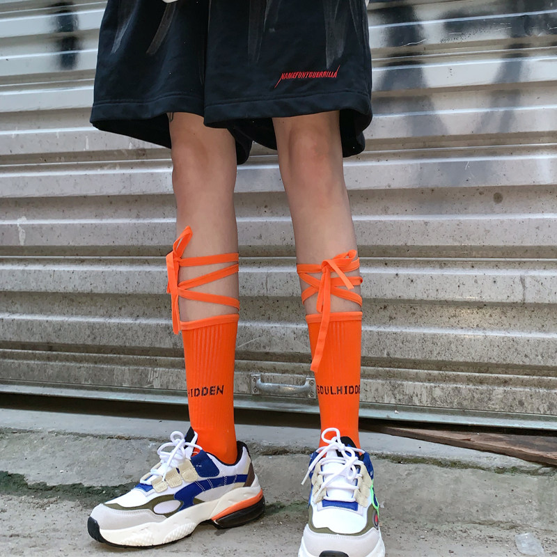 Color bandage socks women's summer thin tube socks ins tide stockings net red sports calf socks lace-up cross