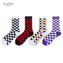 Board chequered black and white socks male and female middle cylinder socks Chains Han version Personality Street Sports Long Socks Male Tide Cotton Socks