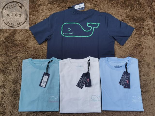 Vines Little Whale Logo Chest Flap Pocket Pants Four-Color Pure Cotton Loose Round Neck T-Shirt