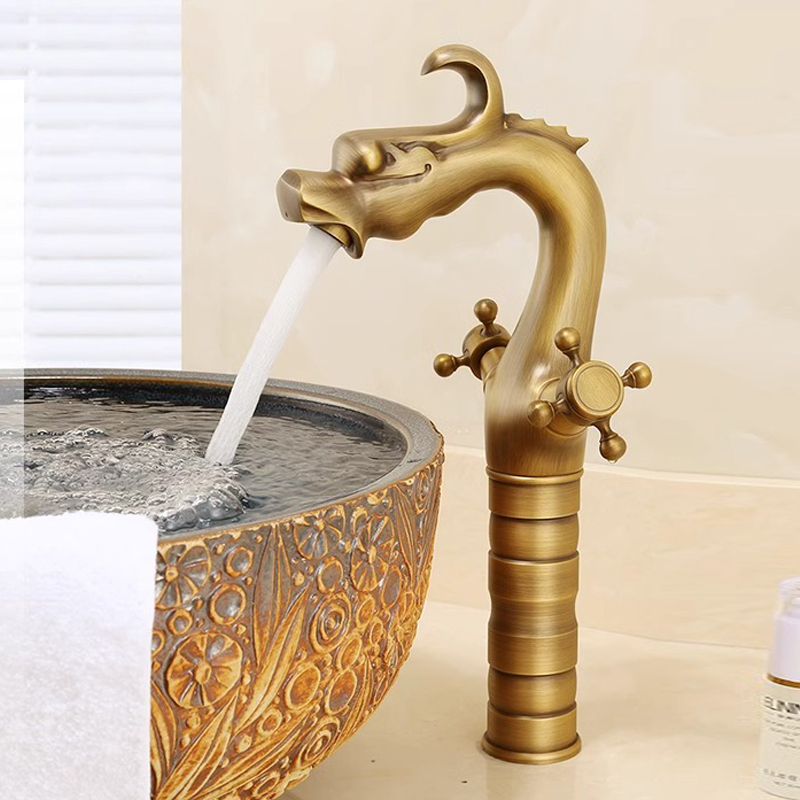 All-Copper Gold Faucet for Bathroom Sink, Home Use, Vintage Creative Washbasin Faucet, Hot and Cold