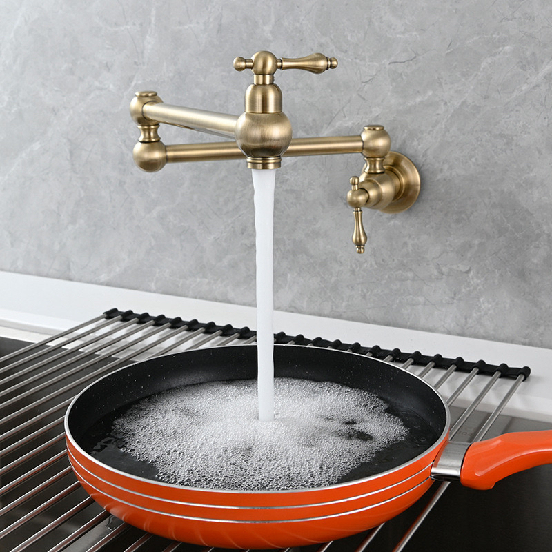All-Copper Single-Hole Wall-Mounted Kitchen Faucet with Rotating, Foldable, Dual-Open, Telescopic, Single-Cold Water Sink Faucet for Washing Dishes and Laundry