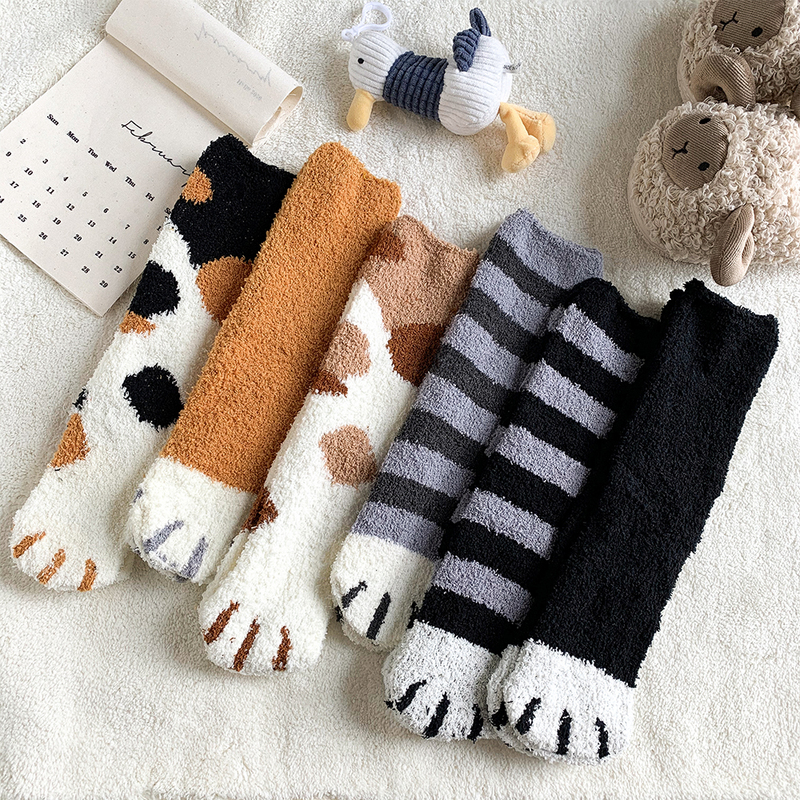 Cat Paw Socks Couple Coral Fleece Socks Women Autumn and Winter Sleep Thickened Fleece Warm Plush Home Men's Floor Socks