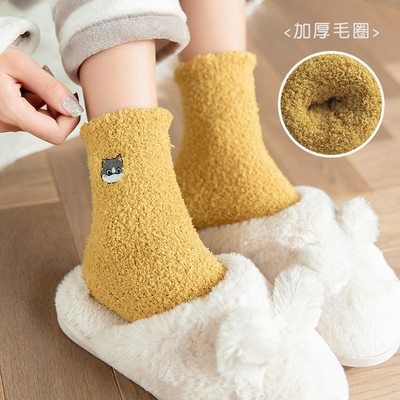Plush Stockings Children's Autumn Winter Home Thickening Plus Suede Warm Cute Sleeping Moon Suede Coral Suede Floor Midtubes Socks