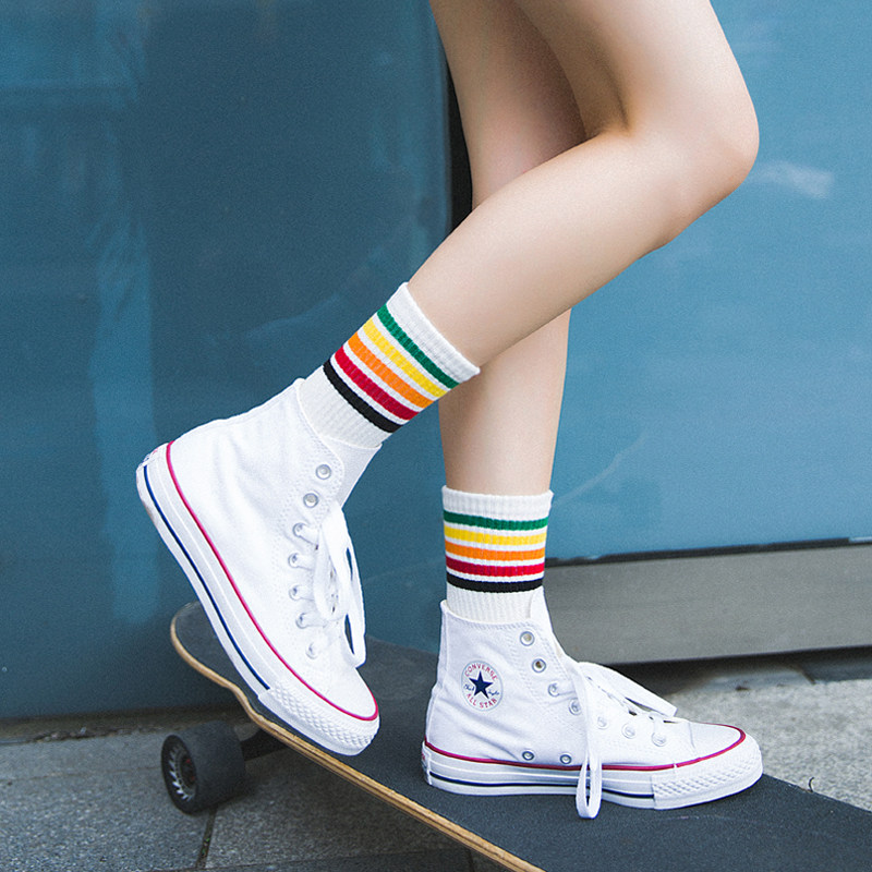 Rainbow socks in spring and summer Korean thin cotton in tide net infrared wear sports summer stockings