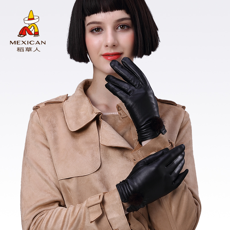 Scarecrow leather gloves women's winter Korean version of student riding windproof waterproof velvet thickened warm touch screen Sheepskin