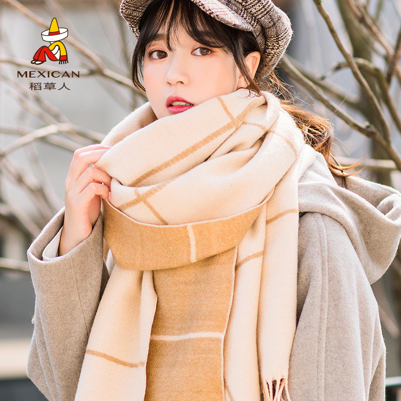 Scarecrow scarf female autumn and winter Korean version of Joker double-sided Plaid thickened warm scarf cute little lady shawl