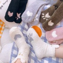 Coral velvet socks womens midline socks autumn and winter plus velvet thickened warm day sleep adult cute towel floor socks