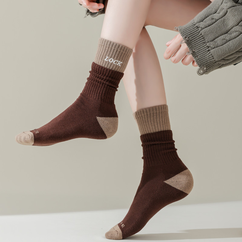 Autumn and Winter Thick-Soled Mid-Calf Socks, Double-Layer Spliced Long Socks for Women, Korean Style ins Trendy Brand Double-Ribbed Letter Cotton Socks