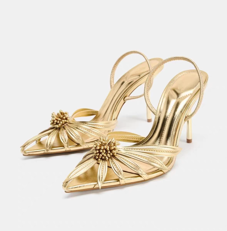Spanish Summer Sexy Style Floral Decoration Pointed Toe Stiletto Open Toe Back Strap Women's Sandals Gold Fashion Shoes