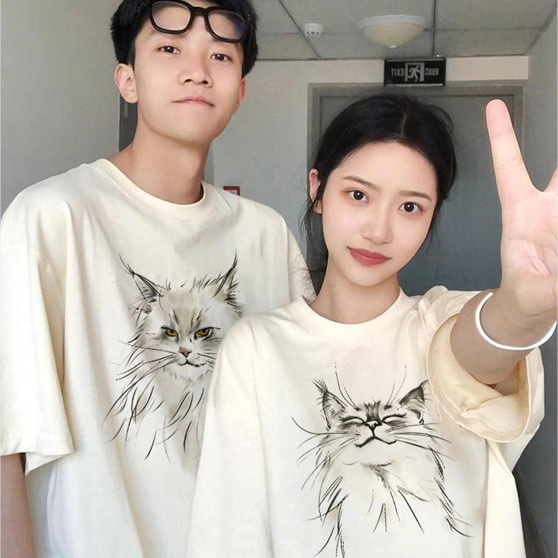 Trendy Couple Outfits Maine  Cat Couple Short-Sleeve T-Shirts for Men and Women 2026 New Summer Pure Cotton Tops Half-Sleeve