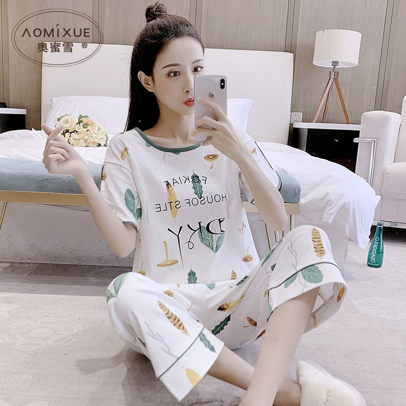 Summer Pajamas for Women, Cute, Pure Cotton, Thin, Simple, Large Size, Short-Sleeved, Three-Quarter Pants Set, Summer Pullover, Student Home Wear