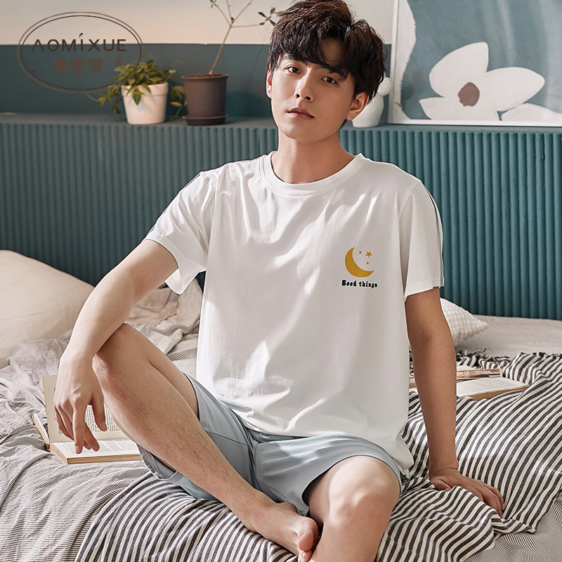 Mens đồ ngủ cotton mùa hè ngắn tay quần short trẻ Hàn Quốc phiên bản của mùa hè bông giản dị bên ngoài bộ quần áo mặc quần áo nhà người đàn ông.