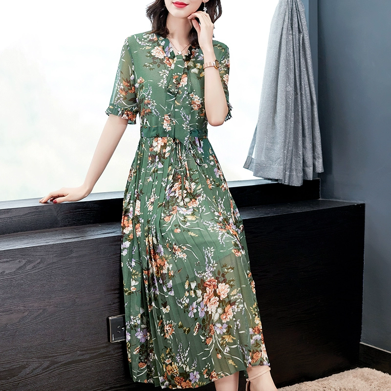 Đầm voan nữ thương hiệu lớn hè 2021 mới cao cấp hoa rời mỏng phần eo xếp ly váy dài - váy đầm