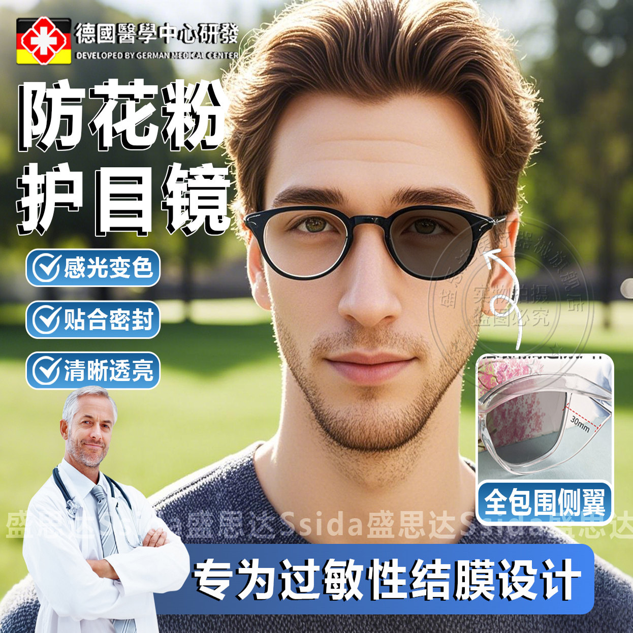 德国品质护目镜防花粉过敏护目镜变色防蓝光防尘眼镜不起雾男女士