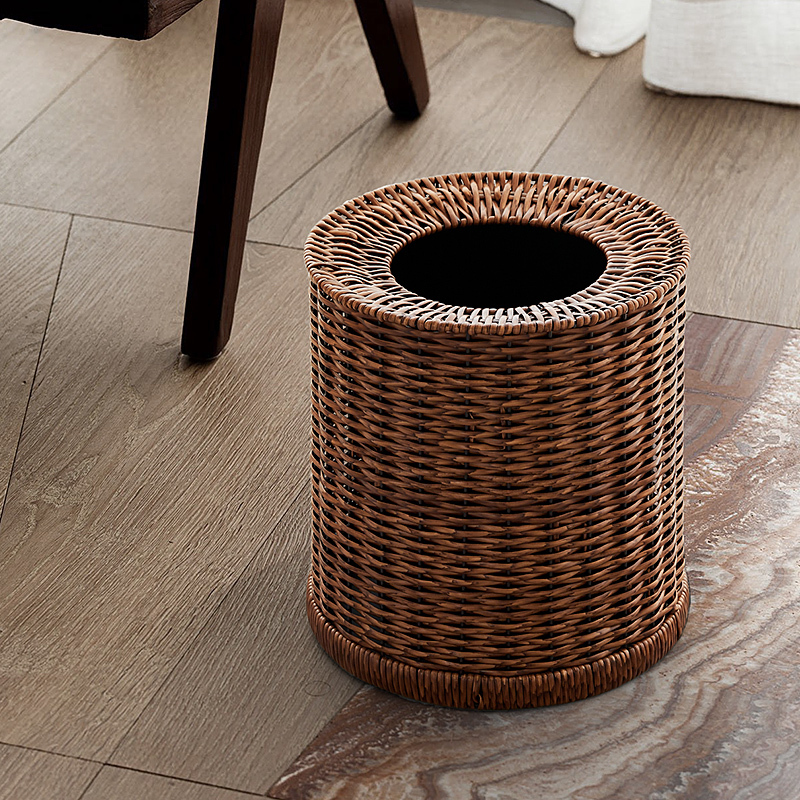 Zen-Inspired Trash Can for Living Room, Light Luxury Office, Hotel, Large Commercial Rattan Woven Ins-Style Wabi-Sabi Waste Bin