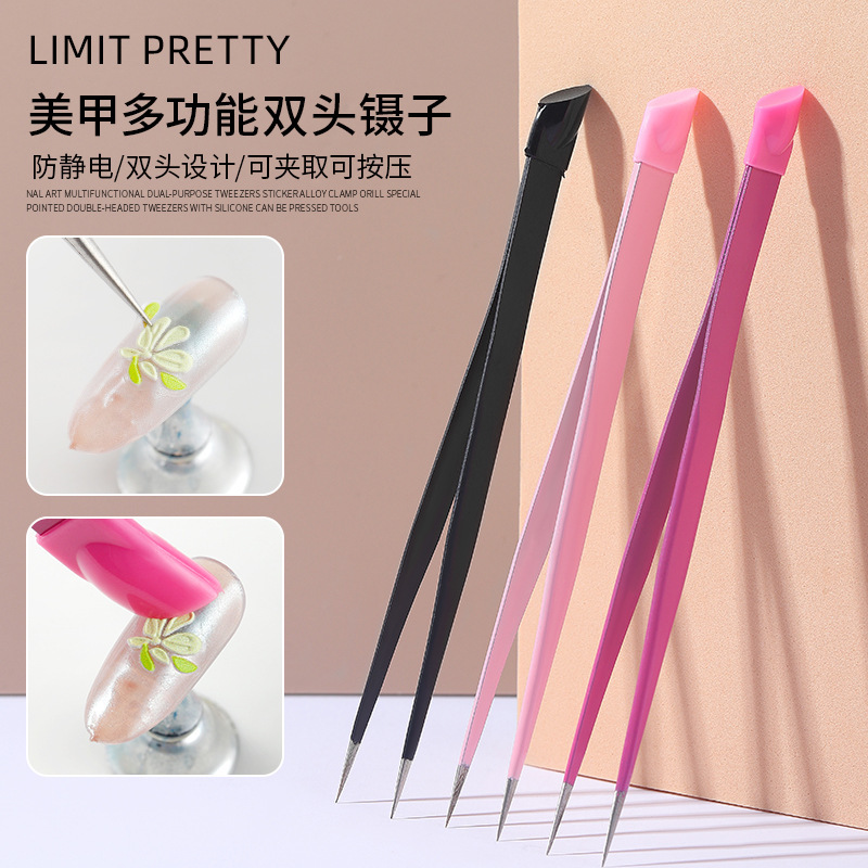Multifunctional Dual-Purpose Tweezers for Nail Art, Alloy Clip for Rhinestones, Special Pointed Double-Headed Tweezers with Silicone Pressable Tool