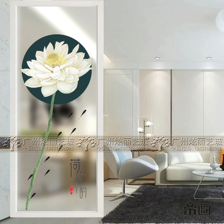 Light luxury art glass partition wall Living room entrance cabinet Sliding door Frosted double-sided translucent screen Simple lotus