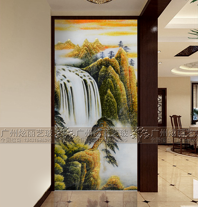 Chinese art glass living room screen partition entrance TV background wall carving frosted gold river mountain