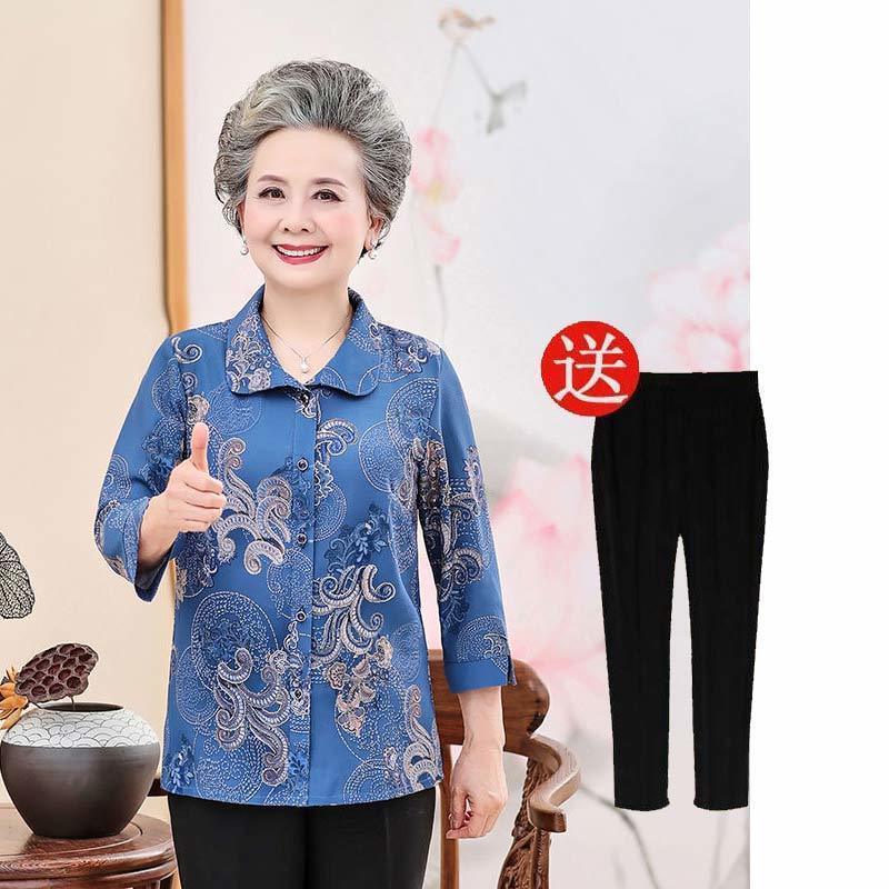 Spring Clothing Set for Elderly Women, 60-70 Years Old, 80-Year-Old Grandma Outfit, Mid-Sleeve Top, Mom's Summer Clothing, Clothes for the Elderly