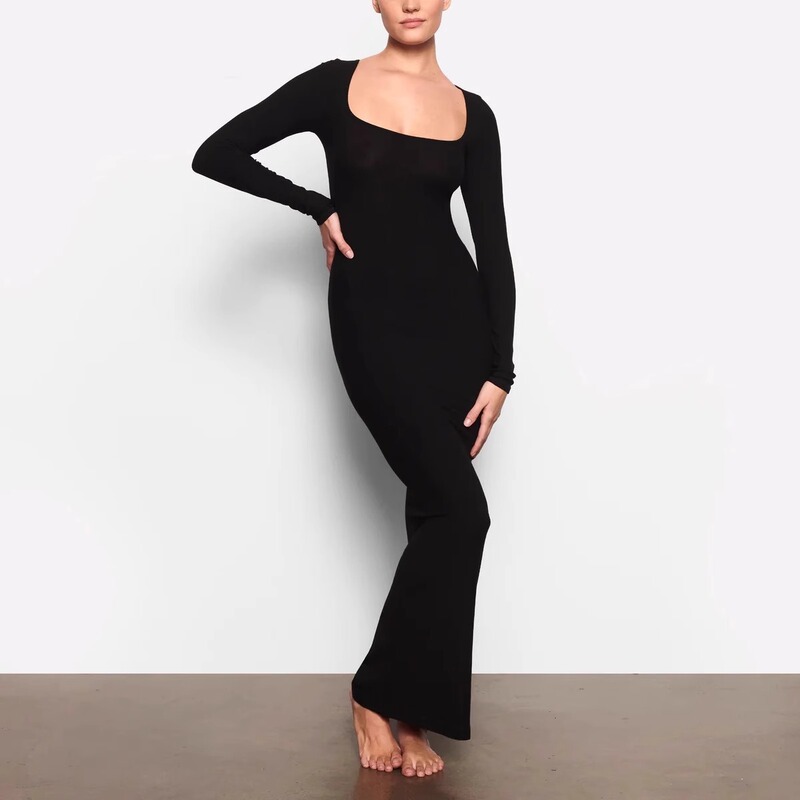 Skims Online Store New Square-Neck Long Dress Sexy Hot Girl Bodycon Long-Sleeve Dress Kardashian Style
