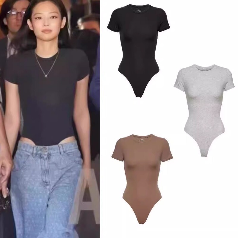 Skims Online Store Jennie-Style Tight-Fitting Black Short-Sleeve Bodysuit T-Shirt Base Layer for Women Hot Girl Skims Online Store Jennie-Style Tight-Fitting Black Short-Sleeve Bodysuit T-Shirt Base Layer for Women Hot Girl