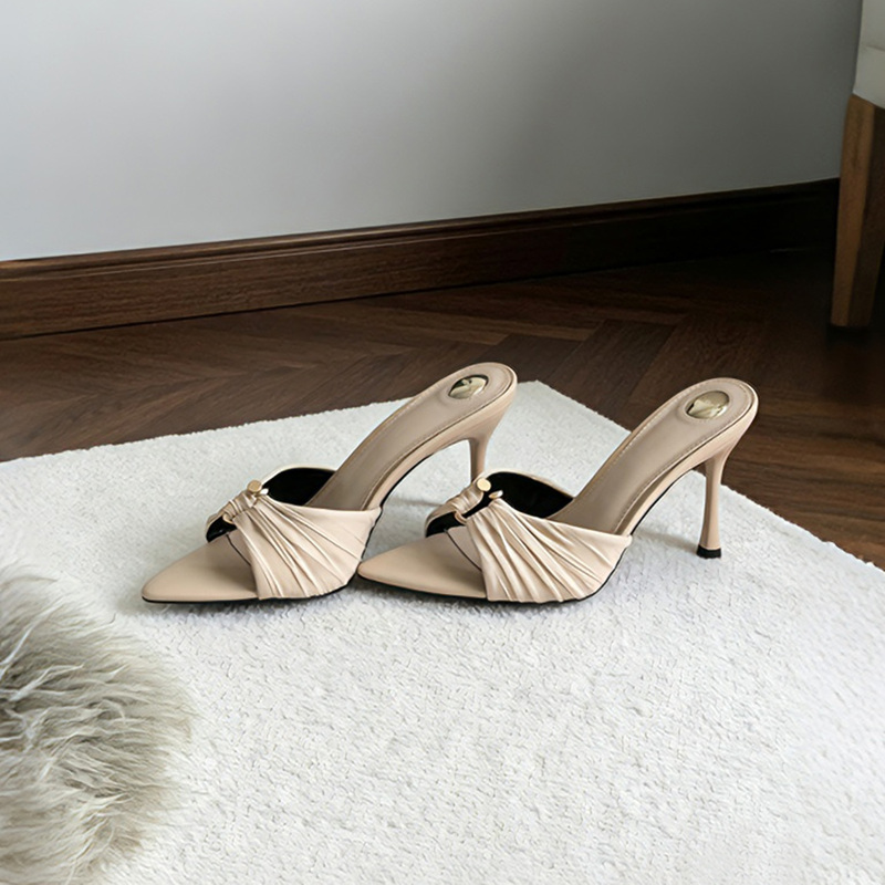 Nude Pointed-Toe Sandals for Women, 2026 New Style, Single Strap with Mesh Ruching, Open-Toe High Heels, Thin Heel, Outdoor Wear Sandals