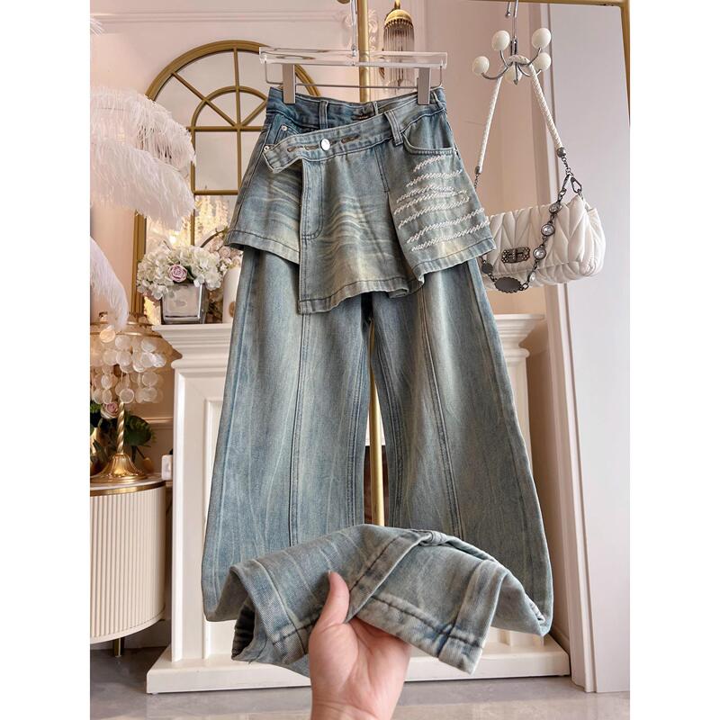 Spring and Summer New Design Heavy Beaded High-Waisted Retro Floor-Length Jeans Fake Two-Piece Straight-Leg Pants for Women