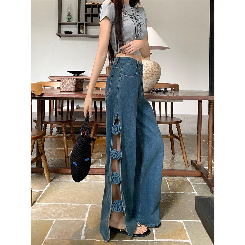 Hong Kong Style Rose Hollow-Out Slit Jeans for Women, High-Waisted, Sexy, Three-Dimensional Floral Loose Wide-Leg Pants