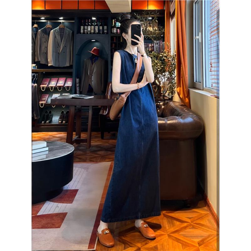 French Retro Lazy Style Dark Blue Back Slit Elegant Long Dress Summer Stylish Design Denim Dress for Women French Retro Lazy Style Dark Blue Back Slit Elegant Long Dress Summer Stylish Design Denim Dress for Women