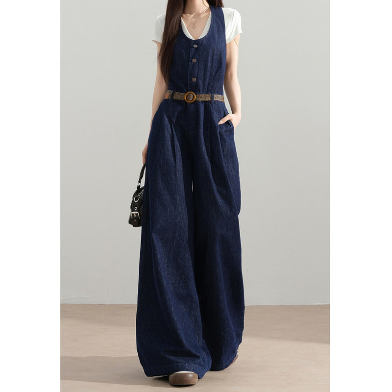 French Retro Age-Reducing Style Dark Blue Denim Overalls Summer Commuting High-Waisted Slimming Wide-Leg Jumpsuit Pants French Retro Age-Reducing Style Dark Blue Denim Overalls Summer Commuting High-Waisted Slimming Wide-Leg Jumpsuit Pants