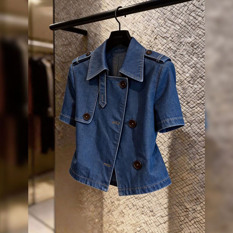 British Style Fashion Lapel Single-Breasted Casual Women's Loose Short-Sleeve Denim Jacket Comfortable Shirt Top
