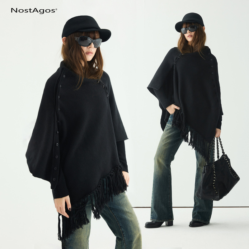 Nost Agos Autumn and Winter Multi-Wear Irregular Wool Buttoned Casual Shawl Black Tassel Large Scarf