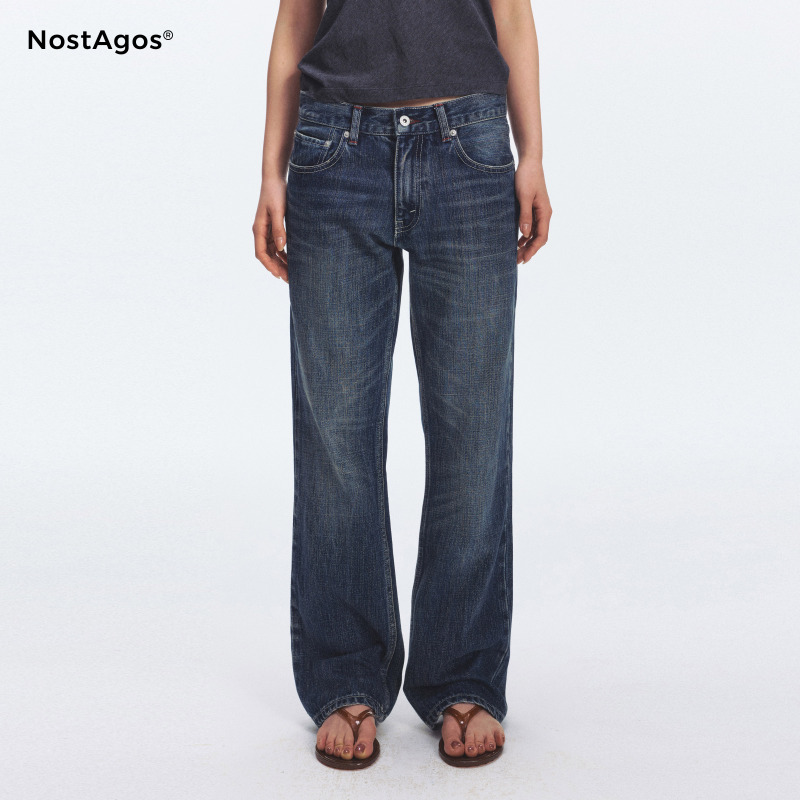 Nost Agos Classic Retro Washed Red Contrast-Stitched Mid-Low Waist Slim Fit Slub Texture Casual Jeans Nost Agos Classic Retro Washed Red Contrast-Stitched Mid-Low Waist Slim Fit Slub Texture Casual Jeans
