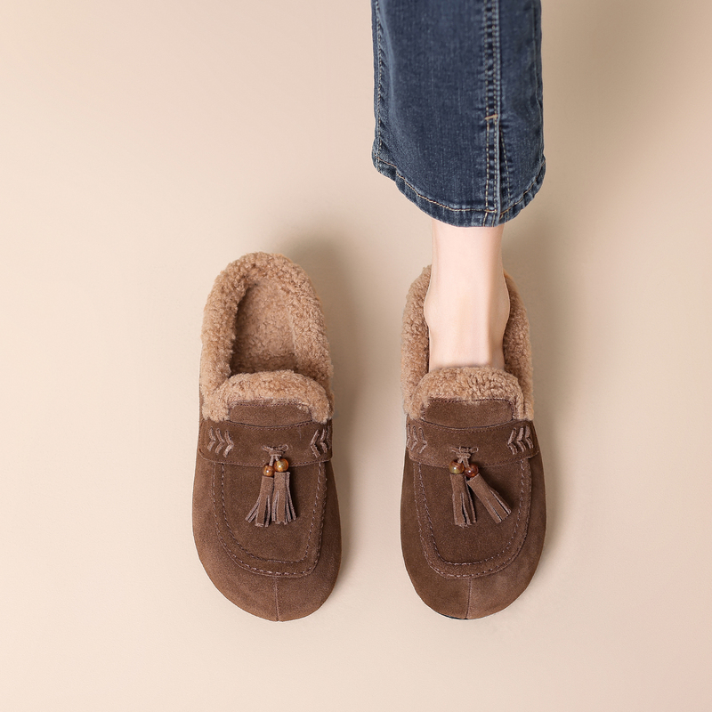 Diao'Er Warm Winter Chestnuts~! New Lamb Wool Birkenstock-Style Closed-Toe Half-Slippers for Women, Thick-Soled and Fleece-Lined Mules