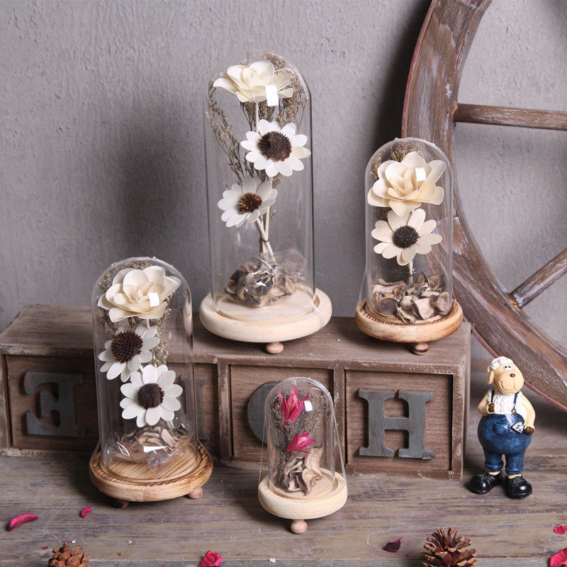 Immortal flower glass cover decoration model room living room office desktop decoration creative solid wood drying flower micro landscape