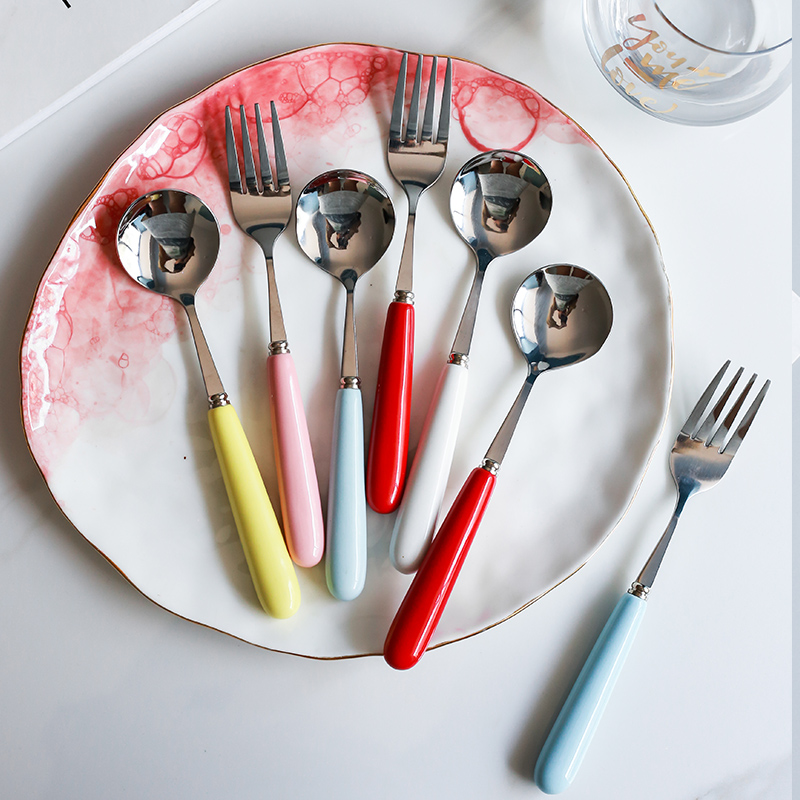 Cute stainless steel home soup spoon soup spoon Ceramic Handle Dining Hall Italian Noodle Fork Steak Fork Ovens Grilled Rice Spoon Children's Rice Spoon