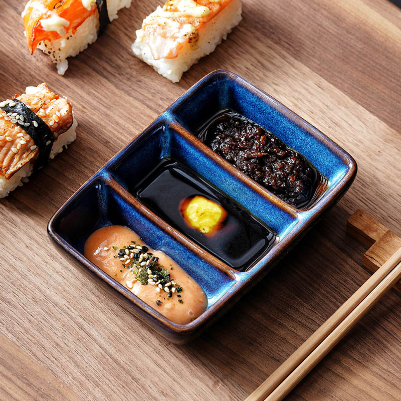 Creative Ceramics Day Style Triple Sauce Dish Dining Room Sushi Sushi Roast Meat Shop Seasoned Dish Rectangular Home Dip Dish