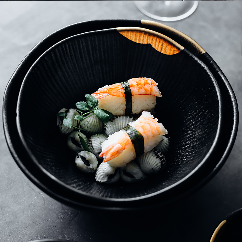 Retro ceramic high temperature resistant Ugold ink jade shallow mouth bowl inlaid with colorful gold anti-slip rice rice bowl retro creative Italian noodle soup bowl