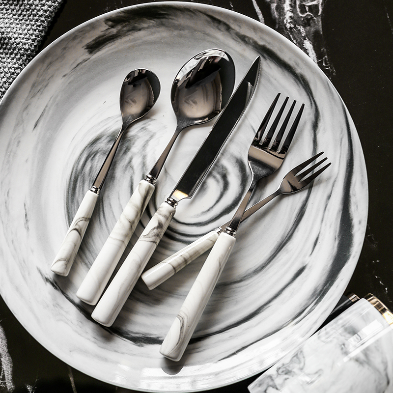 Platycodon home marble pattern ceramic handle stainless steel tableware western food steak knife fork spoon coffee spoon fruit fork set
