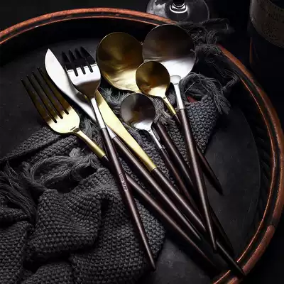 Gold brushed brown handle Stainless steel Western tableware set Dessert spoon Coffee spoon handle Steak knife fork spoon