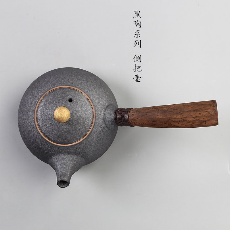 Side turn the pot ceramic cooking teapot Ru kiln open sheet black sandalwood handle teapot day style teapot ceramic utilitt tea accessories
